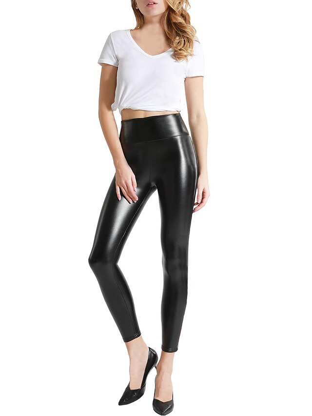  Women's Chinos Leggings Ankle-Length PU Artificial Leather Stretchy High Waist Simple Classic Style Party Work Black S M Spring, Fall, Winter, Summer