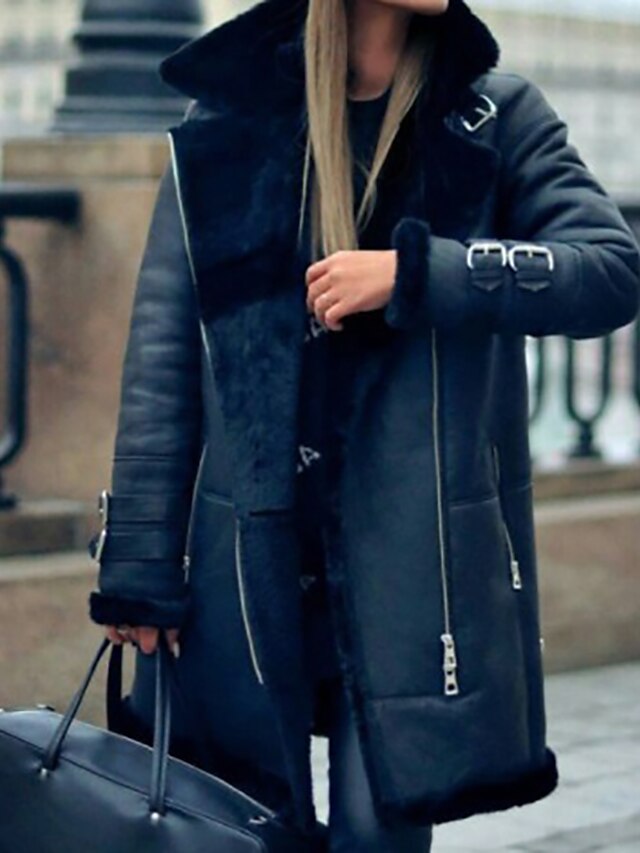  Women's Jacket Fur Trim Pocket Regular Coat Black Daily Casual Zipper Fall Turndown Regular Fit S M L XL XXL