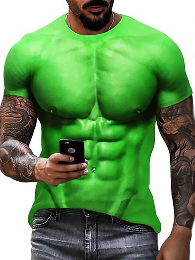  Men's Unisex T shirt Tee Graphic Prints Muscle 3D Print Crew Neck Daily Holiday Short Sleeve Print Tops Casual Designer Muscle Big and Tall Green / Summer