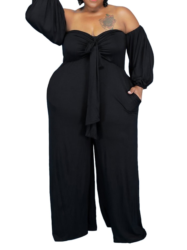  Women's Plus Size Jumpsuit Backless Long Sleeve Solid Colored Summer Streetwear Black Yellow L XL XXL 3XL 4XL / Off Shoulder