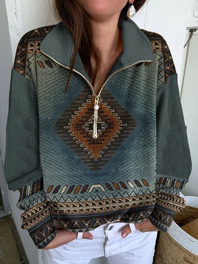  Women's Sweatshirt Pullover Quarter Zip Print Basic Streetwear Ethnic Blue Geometric Tribal Daily Long Sleeve Standing Collar S M L XL XXL