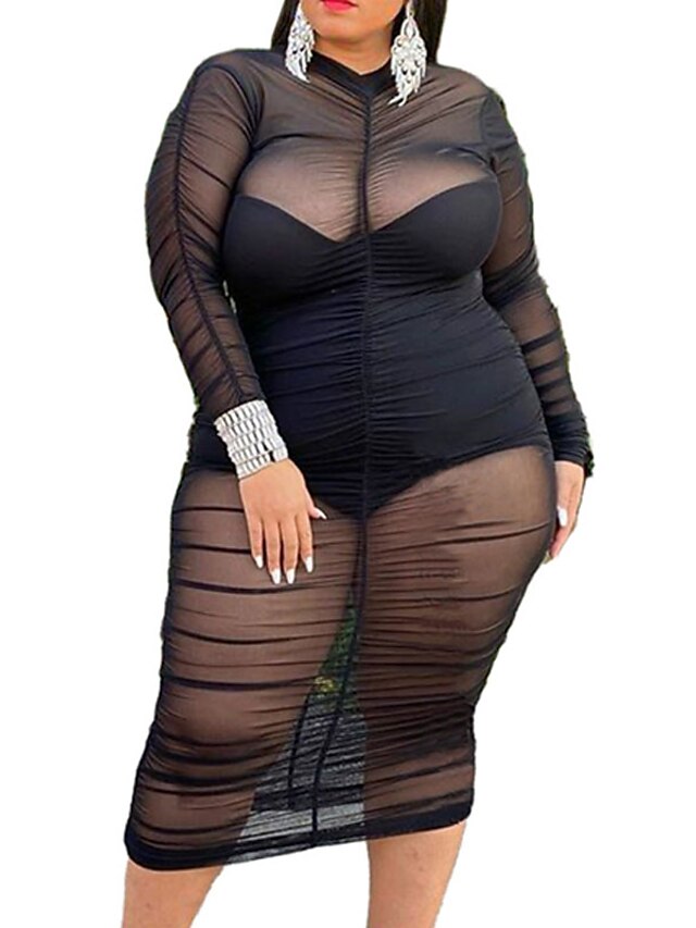  Women's Plus Size Solid Color Sheath Dress Ruched Round Neck Long Sleeve Sexy Spring Causal Daily Midi Dress Dress / Mesh