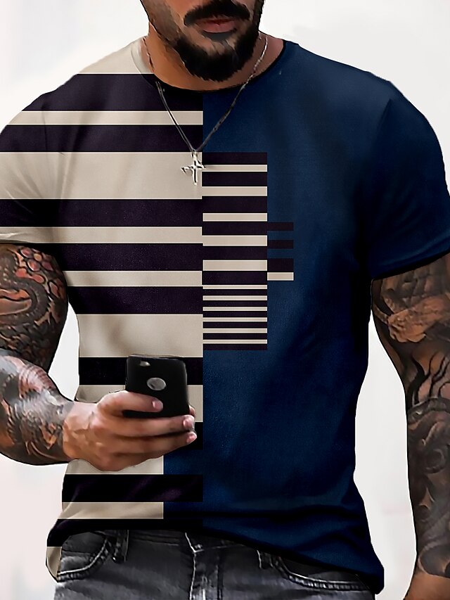  Men's Tee T shirt Striped Graphic Prints 3D Print Round Neck Daily Holiday Short Sleeve Print Tops Casual Designer Big and Tall Blue Black Red / Summer