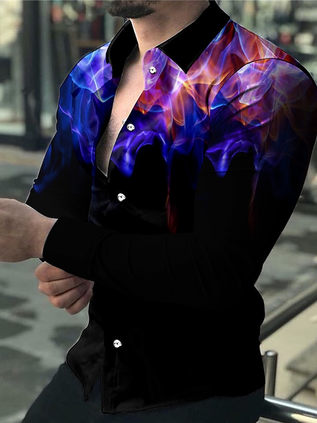  Herre Skjorte Grafisk skjorte 3D Print Aftæpning Blå 3D-udskrivning udendørs Gade Langærmet Trykt mønster Knap ned Tøj Mode Designer Afslappet Åndbart