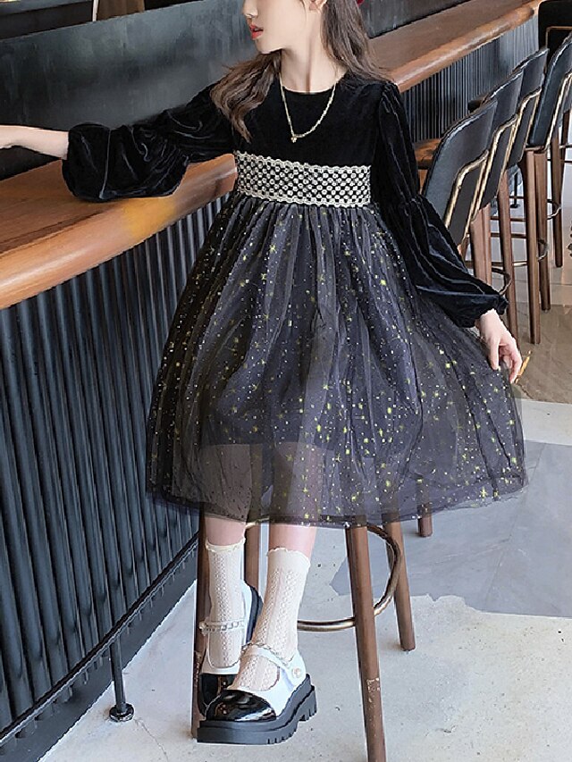  Girls' Tulle Dress Long Sleeve Sequin 3D Printed Graphic Dresses Princess Sweet Knee-length Tulle Velvet Dress Fall Kids Daily Sequins