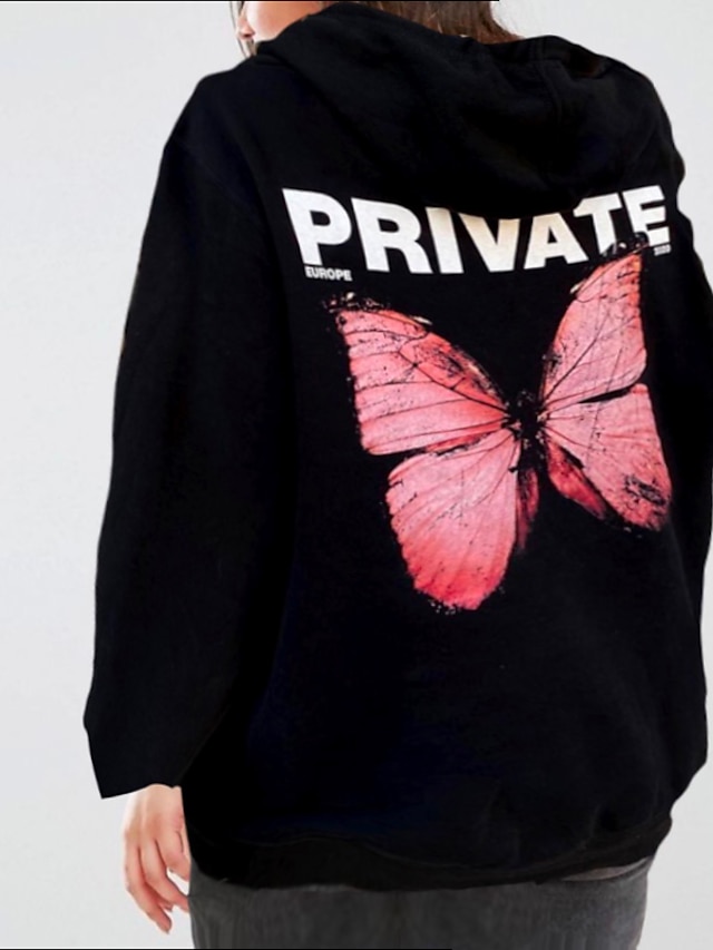  Women's Plus Size Tops Hoodie Sweatshirt Butterfly Print Long Sleeve Fall Winter Casual Black / blue black / pink Black / Yellow Big Size L XL XXL XXXL 4XL / Holiday