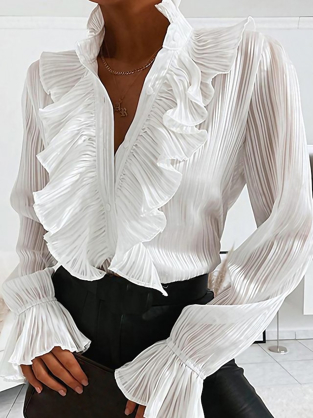  Women's Shirt Blouse Black White Plain Long Sleeve Elegant Casual Standing Collar Regular S