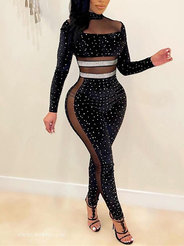  Women's Jumpsuit Solid Color Sequins Mesh Streetwear Stand Collar Party Party Evening Long Sleeve Regular Fit Blue Black Red S M L Spring