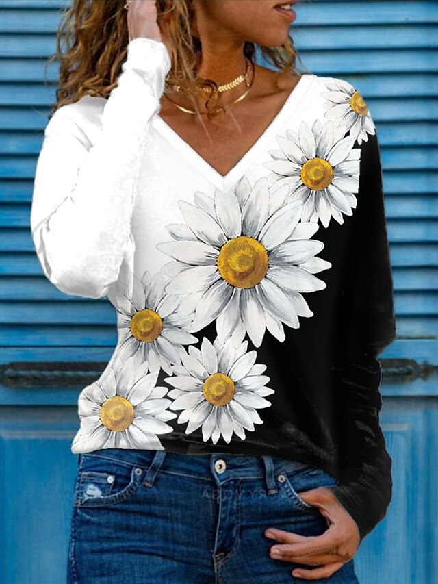  Women's T shirt Tee Color Block Daisy Holiday Weekend White Yellow Pink Print Long Sleeve Basic V Neck Regular Fit Fall & Winter