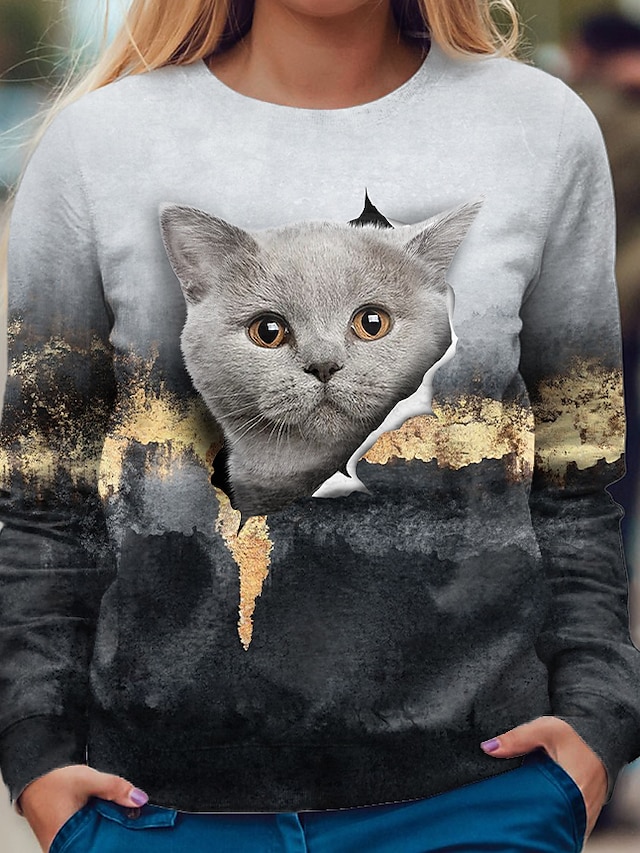  Women's Cat 3D Sweatshirt Pullover Print 3D Print Casual Sports Active Streetwear Hoodies Sweatshirts  Gray