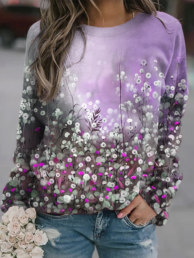  Dame Sweatshirt bluse 3D Trykt mønster Aktiv Gade Grøn Blå Lilla Blomstret 3D Afslappet Langærmet Rund hals S M L XL XXL / 3D-udskrivning