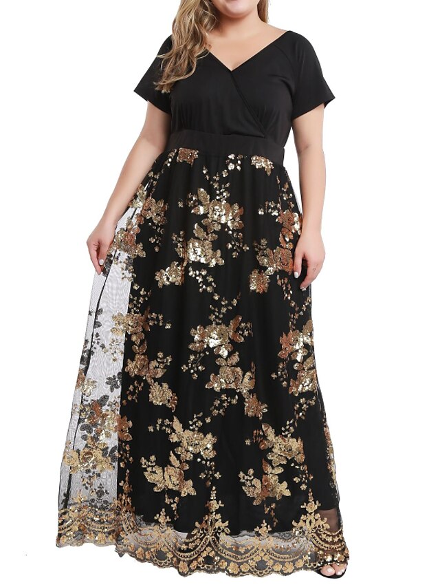  Women's Plus Size Floral A Line Dress Print V Neck Short Sleeve Casual Sequins Prom Dress Spring Summer Causal Vacation Maxi long Dress Dress / Party Dress