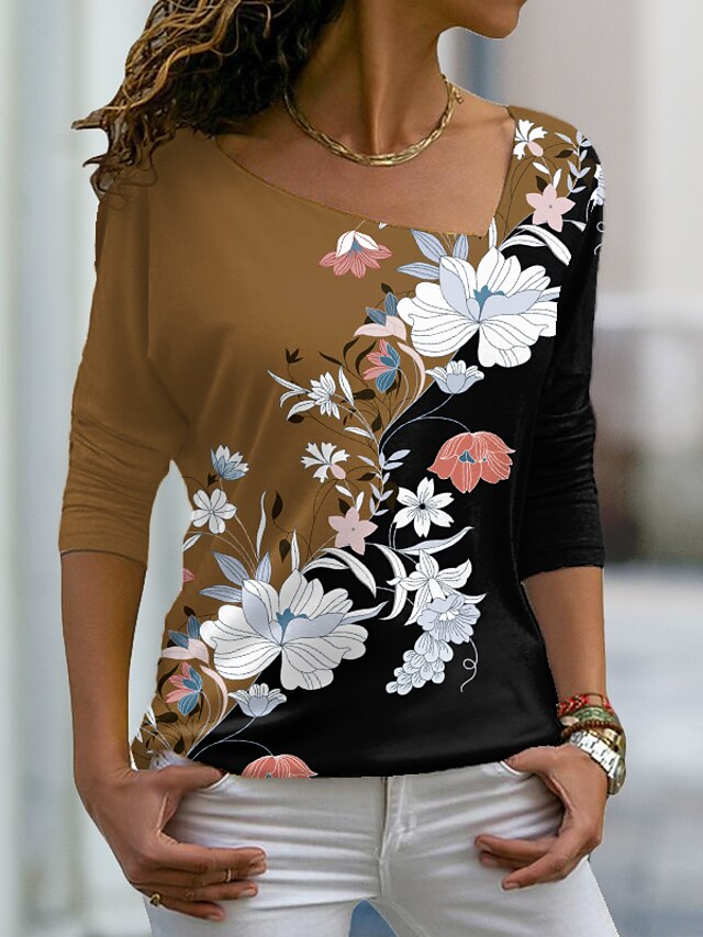  Women's T shirt Tee Floral Color Block Yellow Blue Green Print Long Sleeve Holiday Weekend Basic V Neck Regular Fit Fall & Winter