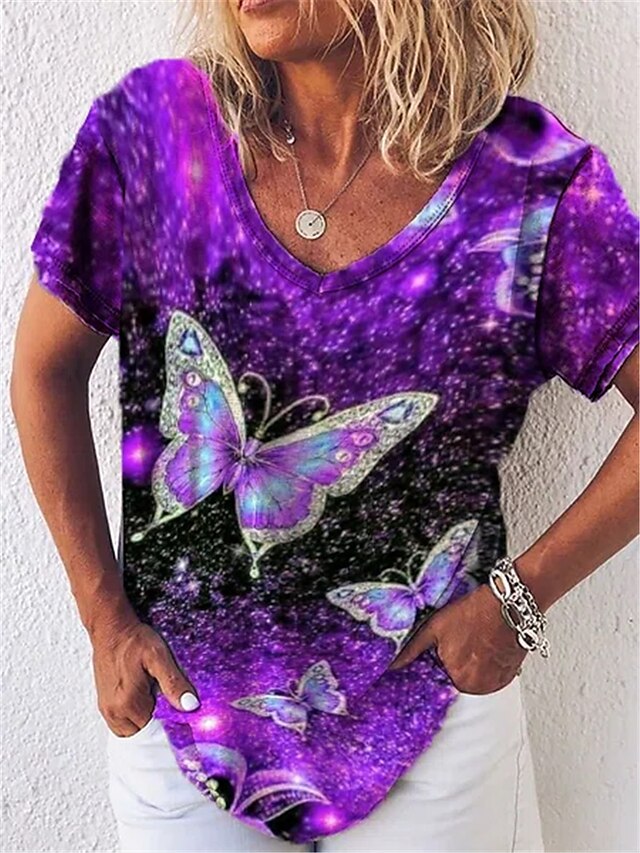  Women's Graphic Patterned Butterfly Sparkly Casual Daily Butterfly Short Sleeve T shirt Tee V Neck Basic Essential Tops Purple S / 3D Print
