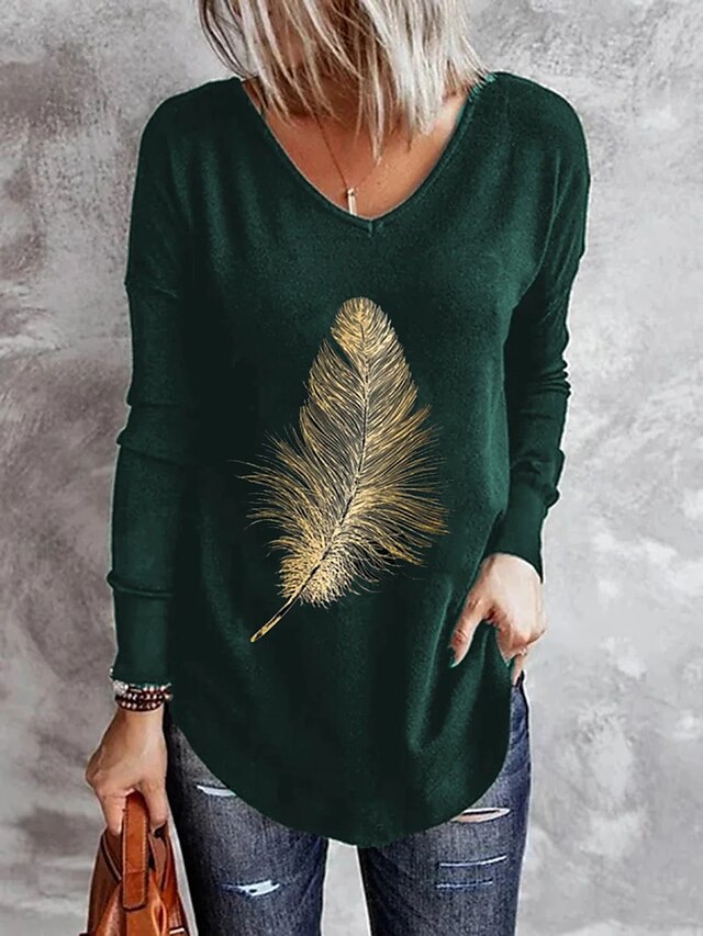  Women's T shirt Tee Feather Black Blue Green Long Sleeve Casual Daily Basic V Neck Fall & Winter