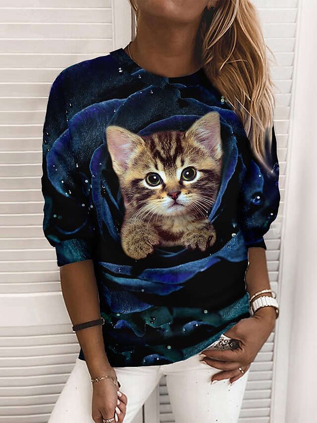  Women's Sweatshirt Pullover 3D Print Active Streetwear Red Blue Purple Cat Rose 3D Daily Round Neck Long Sleeve Micro-elastic Without Lining