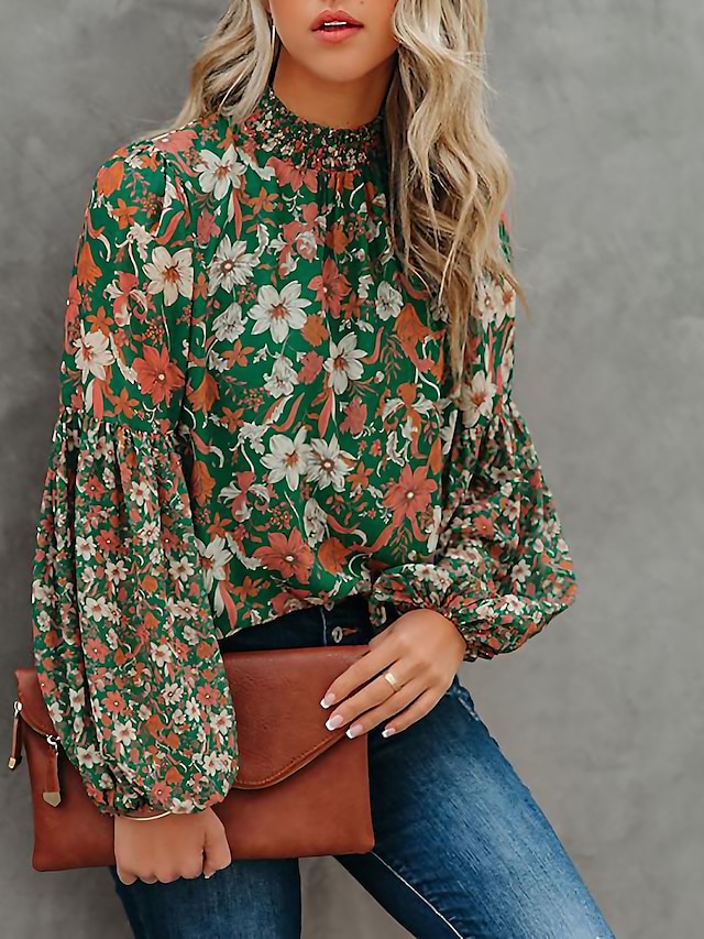  Women's Blouse Shirt Floral Theme Floral High Neck Print Casual Streetwear Tops Lantern Sleeve Green / 3D Print
