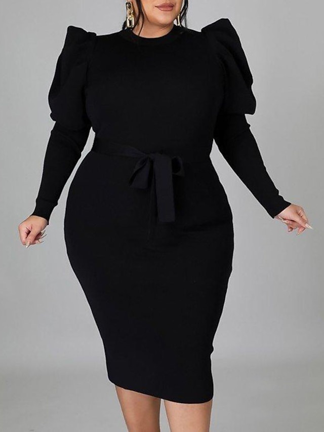  Women's Plus Size Solid Color Sheath Dress Ruched Round Neck Long Sleeve Casual Prom Dress Fall Daily Vacation Midi Dress Dress / Party Dress