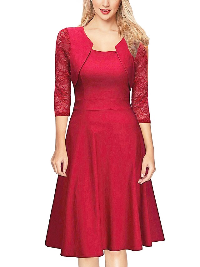  Women's A Line Dress Knee Length Dress Blushing Pink Wine Green Black Red Navy Blue 3/4 Length Sleeve Solid Color Summer Round Neck Work Hot 2021 S M L XL XXL