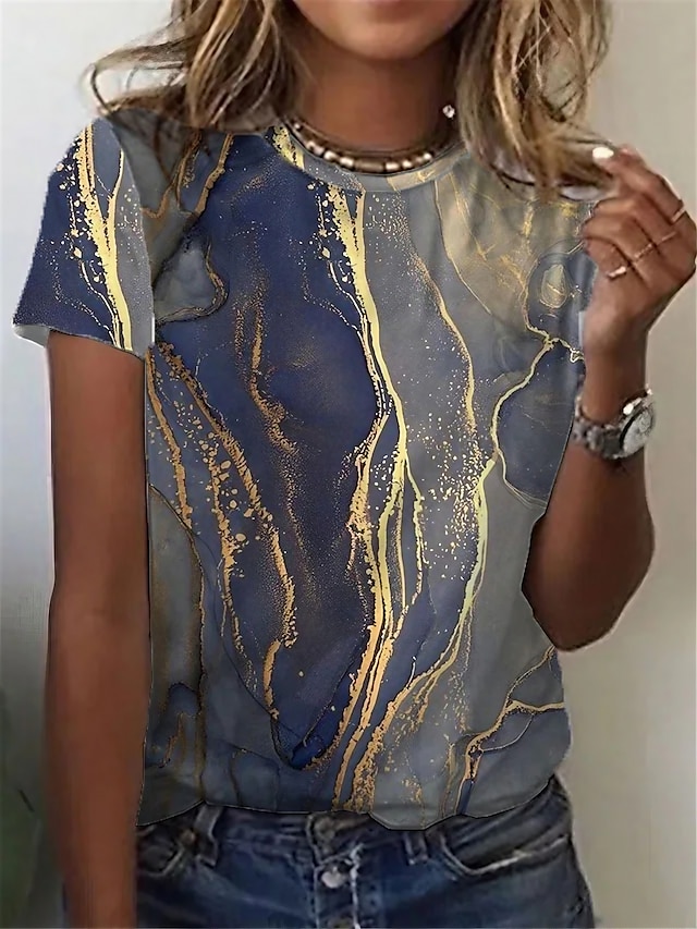  Damen T Shirt Gestreift Graphic Geometrisch Casual Täglich Ausgehen Abstrakt Geometrisch Kurzarm T Shirt Rundhalsausschnitt Bedruckt Vintage Grün Weiß Blau S / 3D-Druck
