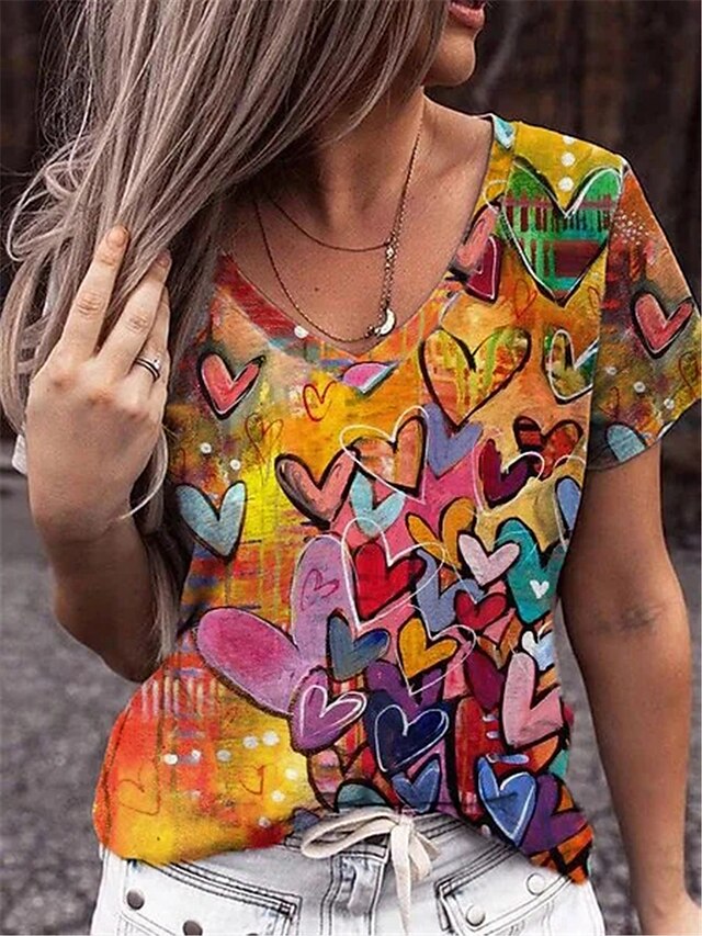  Women's Graphic Patterned Heart Casual Daily Valentine Valentine's Day Couple Short Sleeve T shirt Tee V Neck Print Basic Essential Vintage Boho Tops Rainbow S / 3D Print