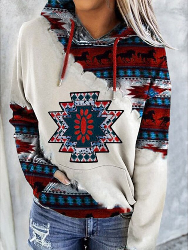  Dame Tribal Hattetrøje Sweatshirt Trykt mønster 3D-udskrivning Daglig Sport Basale Etnisk Hættetrøjer Sweatshirts Rød Gul