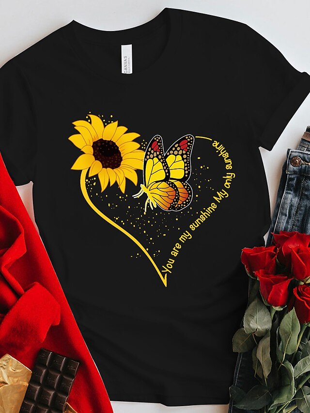  Women's Butterfly Heart Sunflower Casual Valentine's Day Valentine Butterfly Valentine's Day Painting Short Sleeve T shirt Tee Round Neck Print Basic Essential Tops White Black Pink S