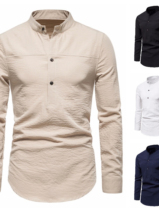  Men's Shirt Bishop Sleeve Basic Stand Collar Medium Spring & Summer White Black Khaki Navy Blue