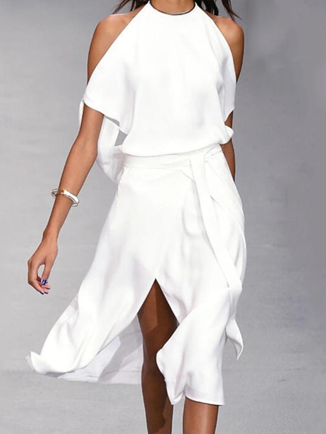  Women‘s A Line Dress Midi Dress White Dress Split Spring Summer cold shoulder Personalized Stylish Elegant Loose