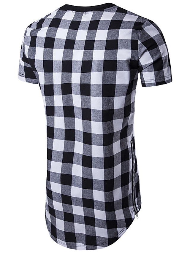  T-shirt de manga curta estilo verão moda masculina casual bainha irregular xadrez duplo zíper lateral
