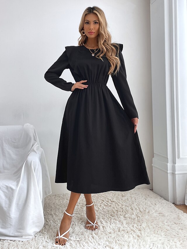  Women's Skirt & Dress A Line Dress Basic Basic Multi Color Round Neck Spring &  Fall Regular Black