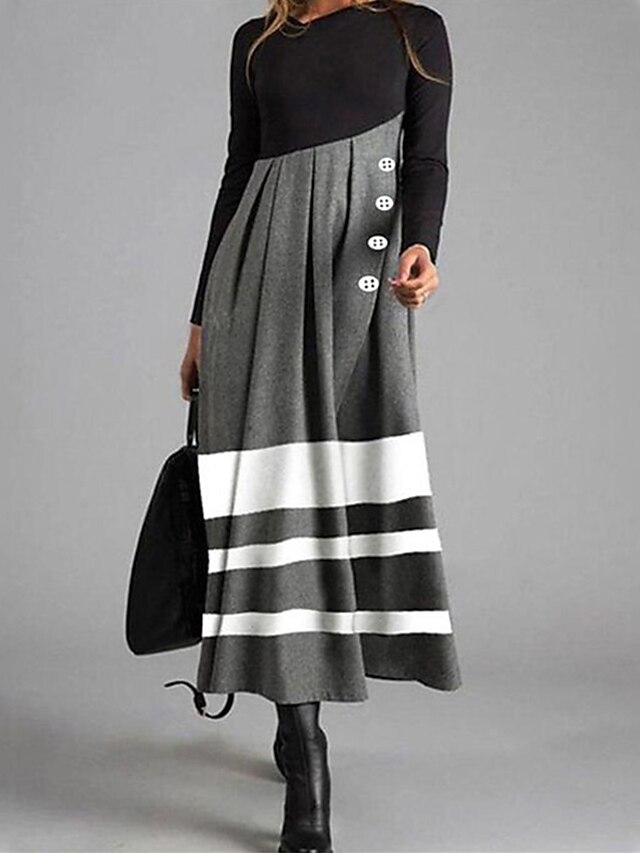  Women's Maxi long Dress Shift Dress Gray Long Sleeve Button Striped Color Block Round Neck Fall Winter Casual Modern 2021 M L XL XXL 3XL