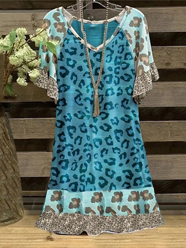  Dame Plusstørrelser Leopard T shirt kjole Trykt mønster V-hals Kortærmet Afslappet Sommer Afslappet Daglig Knælange Kjole Kjole