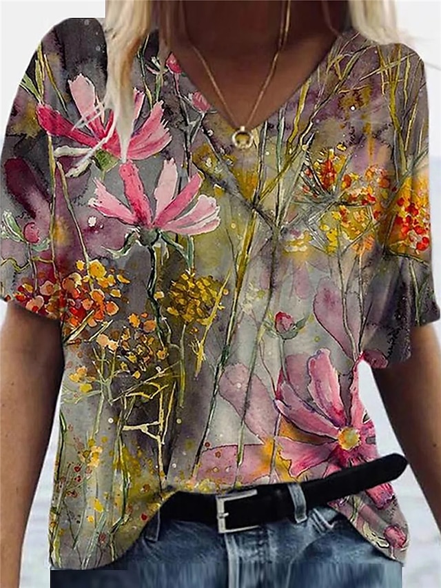  Dame T skjorte Blomstret Planter Avslappet Daglig Regnbue Trykt mønster Kortermet Grunnleggende V-hals