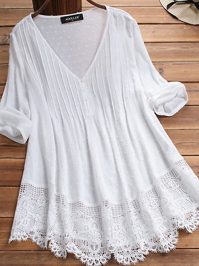  Women's Shirt Lace Shirt Blouse Eyelet top Cotton Pure Color Daily Lace Button White 3/4 Length Sleeve Basic Casual V Neck Summer Spring
