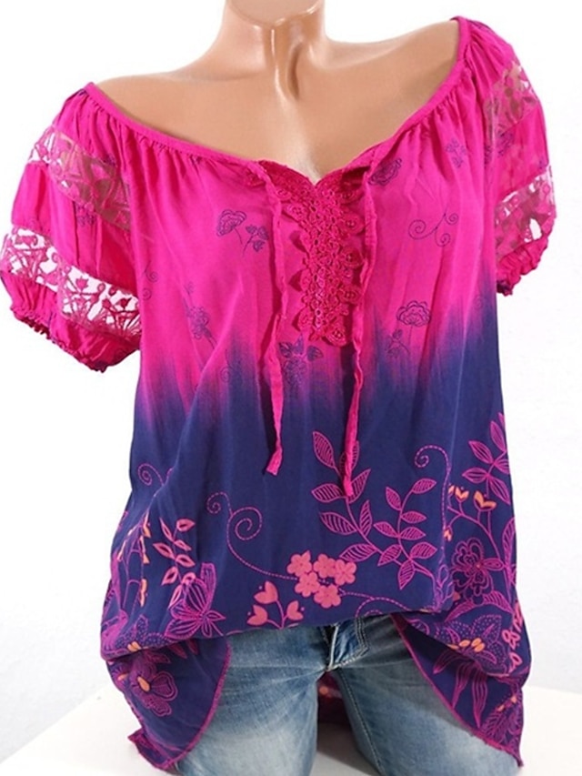  Damen Übergröße Oberteile T-Shirt Blumen Kurzarm Strassenmode V-Ausschnitt Polyester Täglich Ausgehen Frühling Sommer Hellblau Melonen-Rot / Schlank