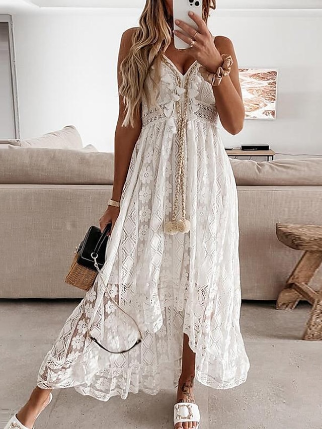  Boho Lace Embroidered Swing Maxi Dress for Women