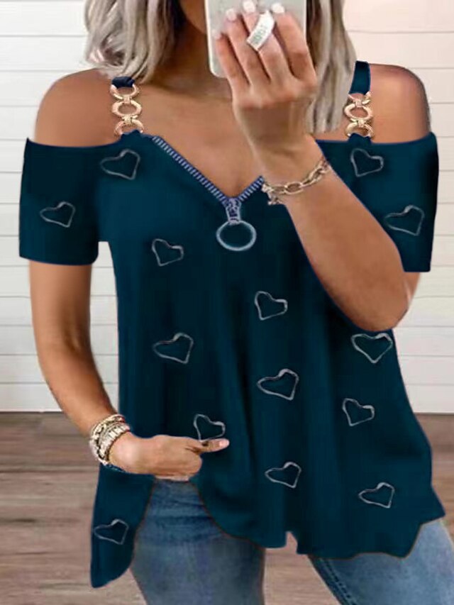  Damen Bluse Hemd Grafik Herz V-Ausschnitt Reißverschluss Oberteile Grün Weiß Schwarz
