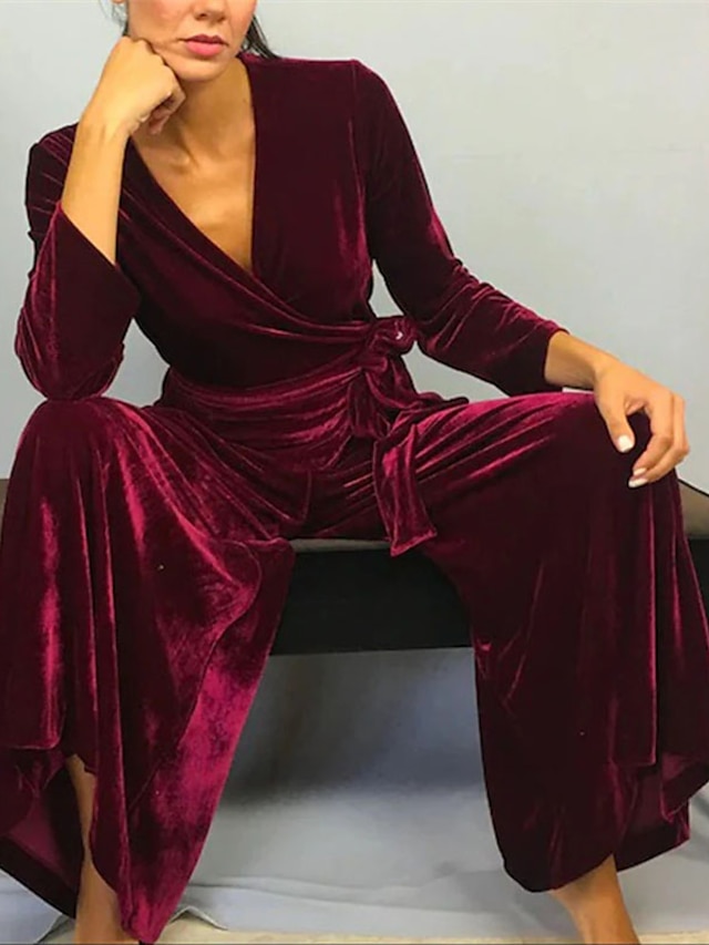  Women's Jumpsuit Solid Color Lace up Elegant V Neck Party Evening Party & Evening Long Sleeve Regular Fit Wine S M L Spring
