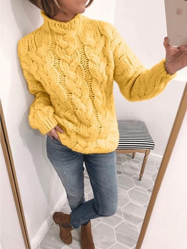  Femme Pullover Chandail Couleur unie Tricoté basique Simple Chunky Manches Longues Pull Cardigans Automne Hiver Col Roulé Jaune Rose Claire Gris