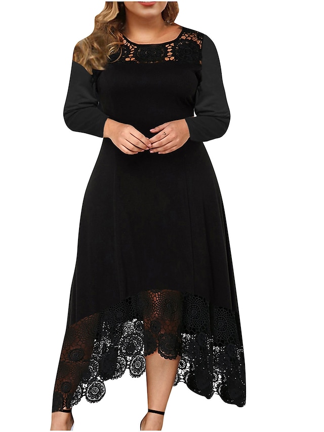  Women's Plus Size Solid Color A Line Dress Lace Round Neck Long Sleeve Work Basic Vintage Prom Dress Spring Summer Party Holiday Knee Length Dress Dress / Party Dress