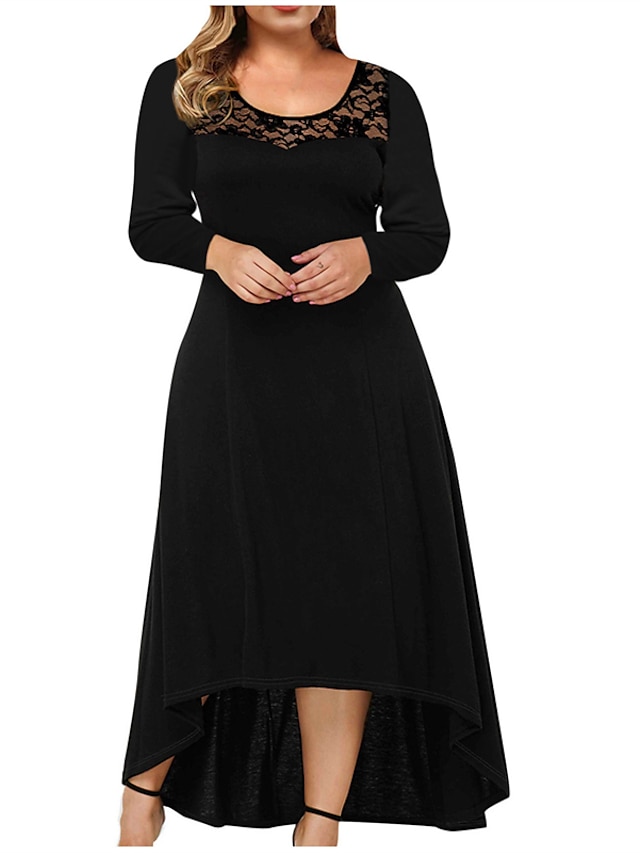  Women's Plus Size Solid Color Shift Dress Lace Round Neck Long Sleeve Casual Spring Summer Causal Daily Maxi long Dress Dress