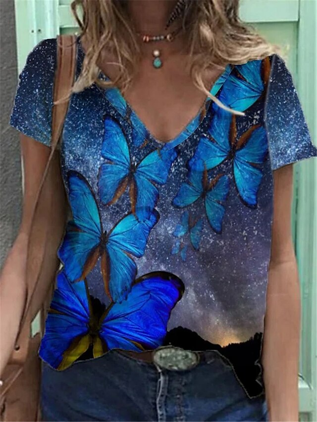  Damen Graphic Schmetterling Casual Täglich Schmetterling Kurzarm T Shirt V Ausschnitt Basic Oberteile Blau S / 3D-Druck