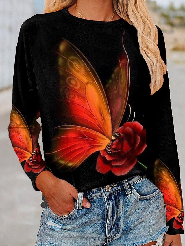  Women's Butterfly Sparkly Flower Casual Holiday Weekend Floral Butterfly Painting Long Sleeve T shirt Tee Round Neck Print Basic Essential Tops Green Blue Purple S / 3D Print