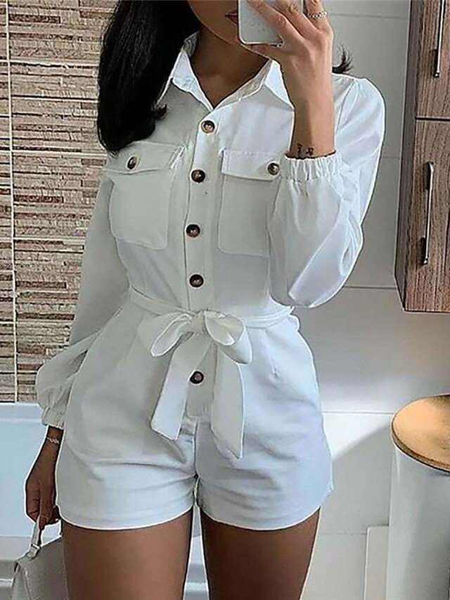  Women's Romper Solid Colored Button Casual Shirt Collar Street Daily Wear Short Sleeves Regular Fit White S M L Summer