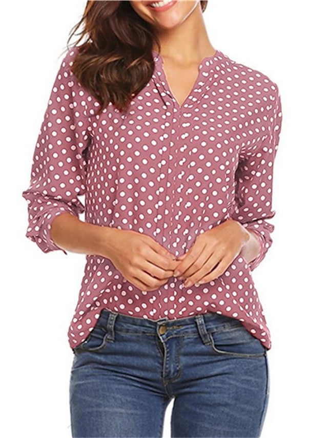  Women's Blouse Shirt Blue Pink Yellow Print Polka Dot Daily Weekend Long Sleeve V Neck Streetwear Regular S