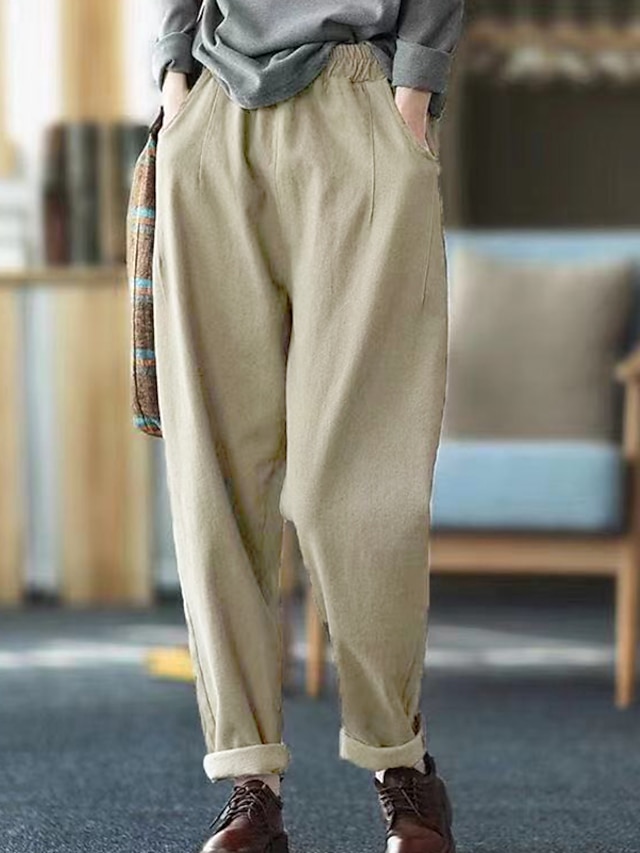  Women's Fashion Casual / Sporty Side Pockets Elastic Waist Chinos Full Length Pants Inelastic Casual Weekend Cotton Plain Mid Waist Comfort Loose Black Khaki Coffee M L XL XXL