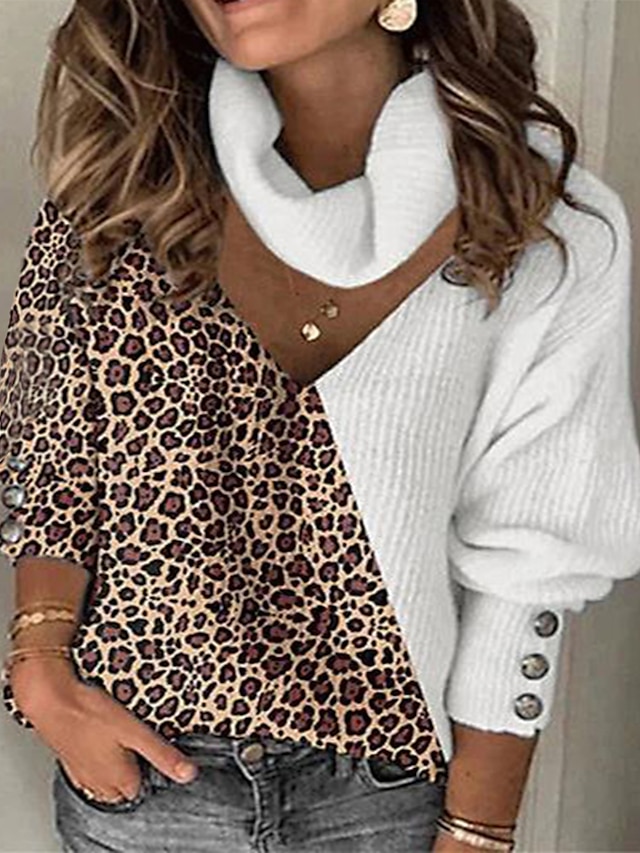  Women's Stylish Maillard Pullover Sweater with Leopard Block