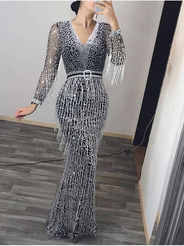  Women's Maxi long Dress Sheath Dress Silver Long Sleeve Sequins Tassel Fringe Solid Color V Neck Fall Spring Party Party Stylish Sexy 2022 S M L XL XXL / Party Dress