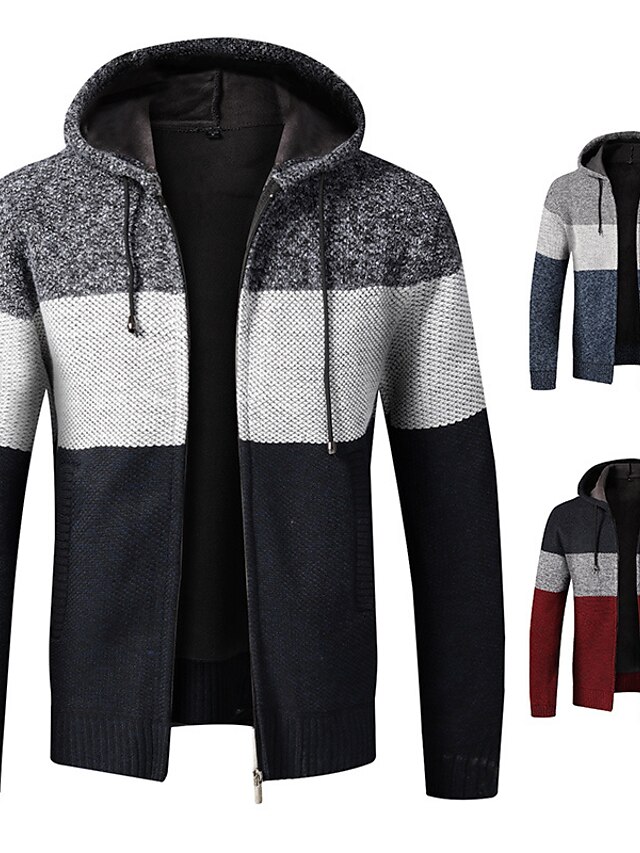  Men's Sweater Cardigan Bishop Sleeve Basic Hooded Thick Fall & Winter Wine Red Blue Dark Blue
